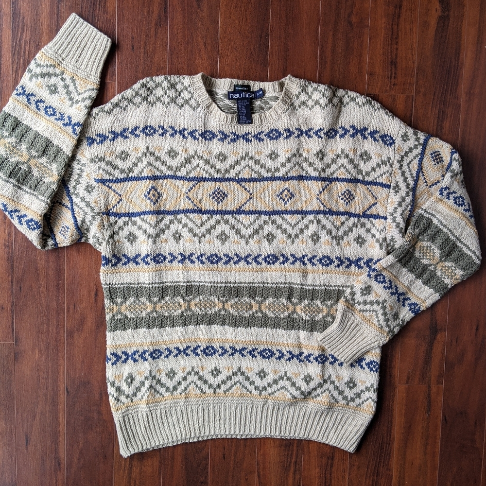 nautica multicolor patterned crewneck fisherman sweater
